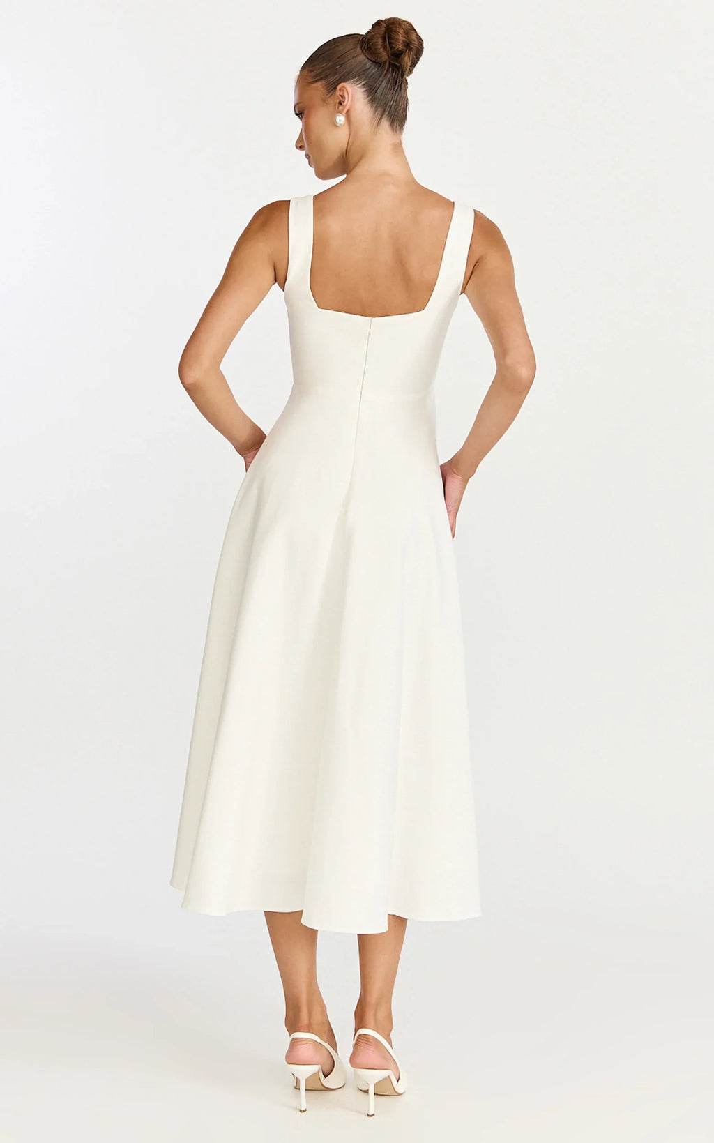 Bernie Midi Dress - Square Neck Strapped Full Circle Skirt Dress in White