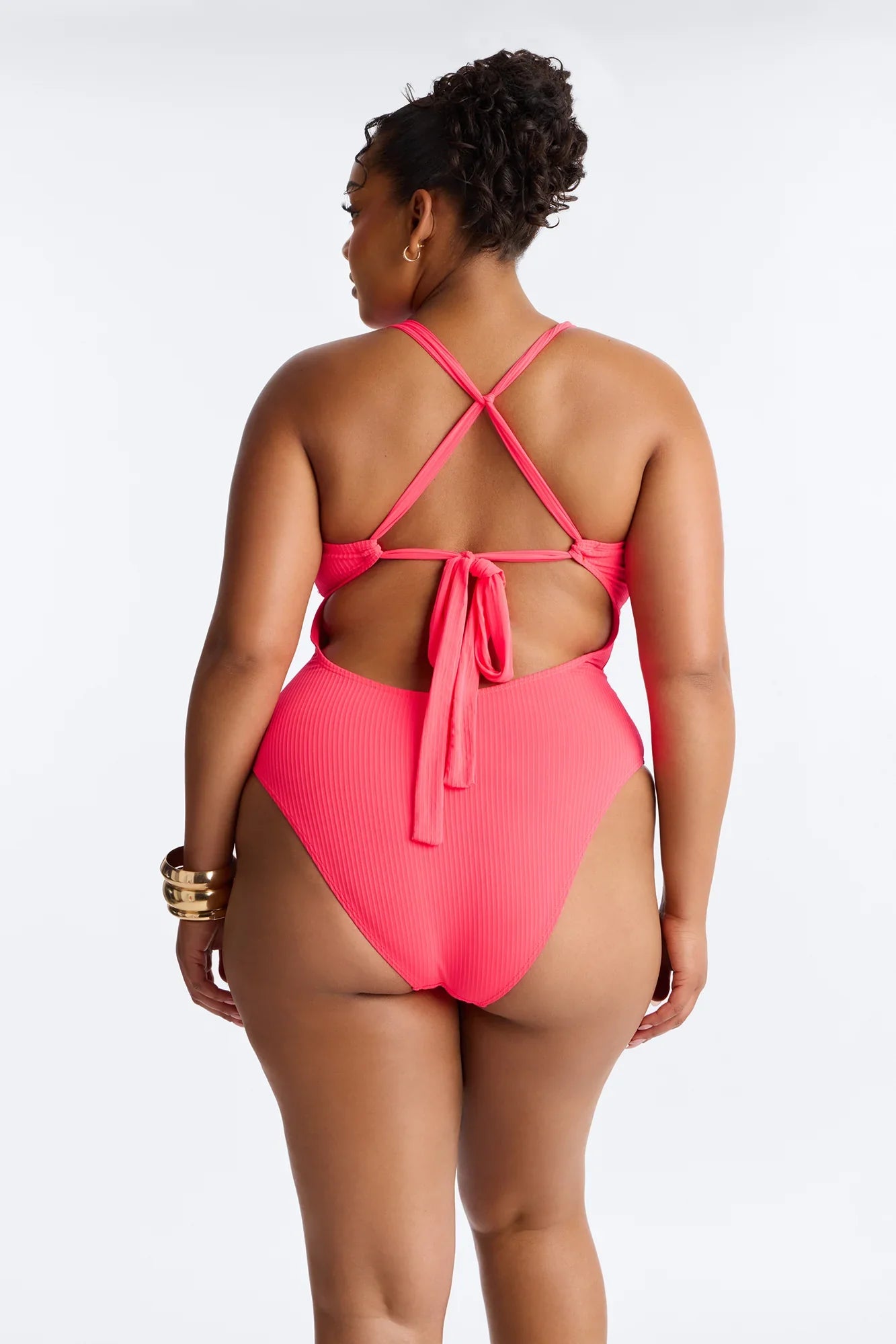Clear Water Textured Lace Up V-Neck 1 Piece Swimsuit - Red