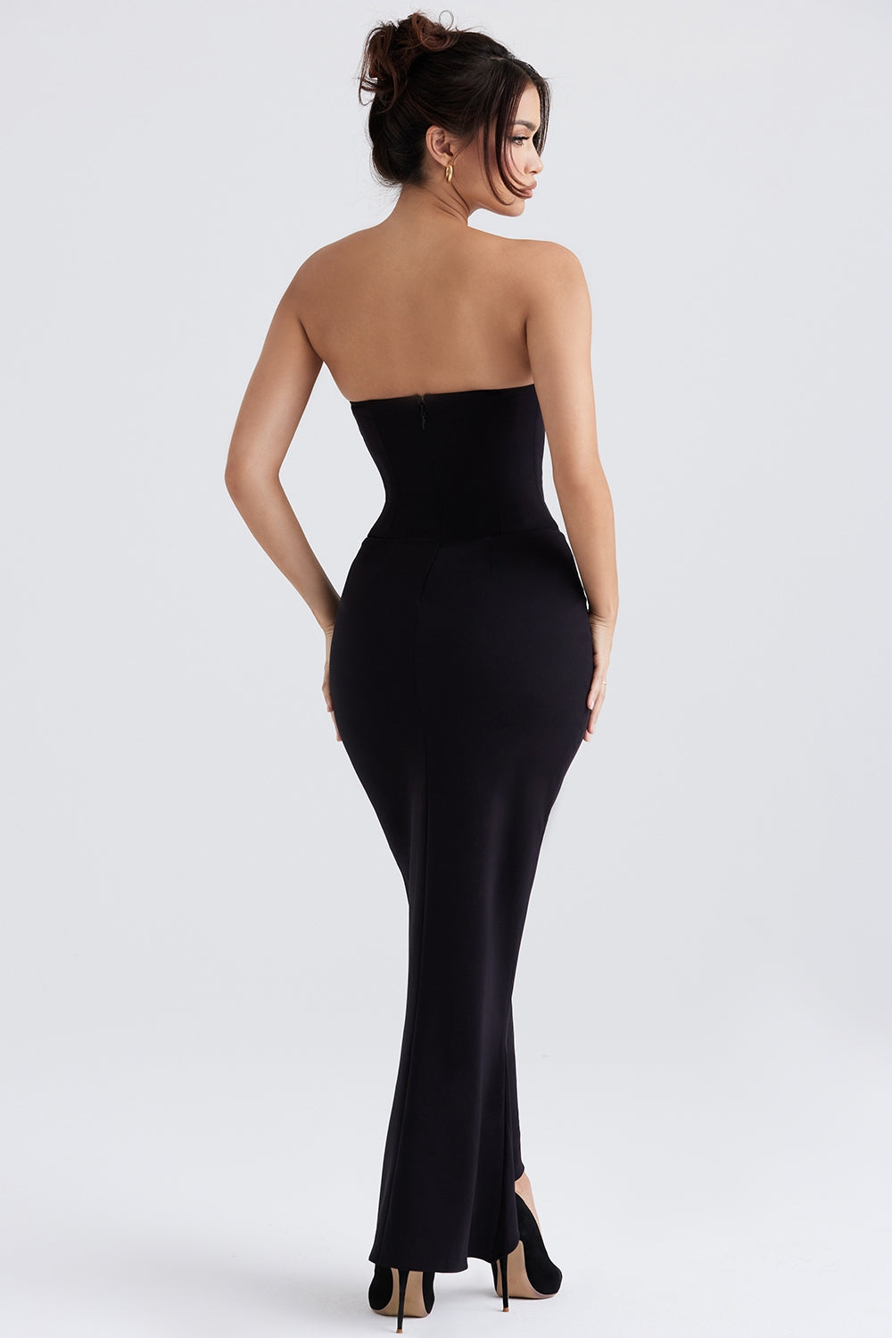 black crepe strapless corset dress