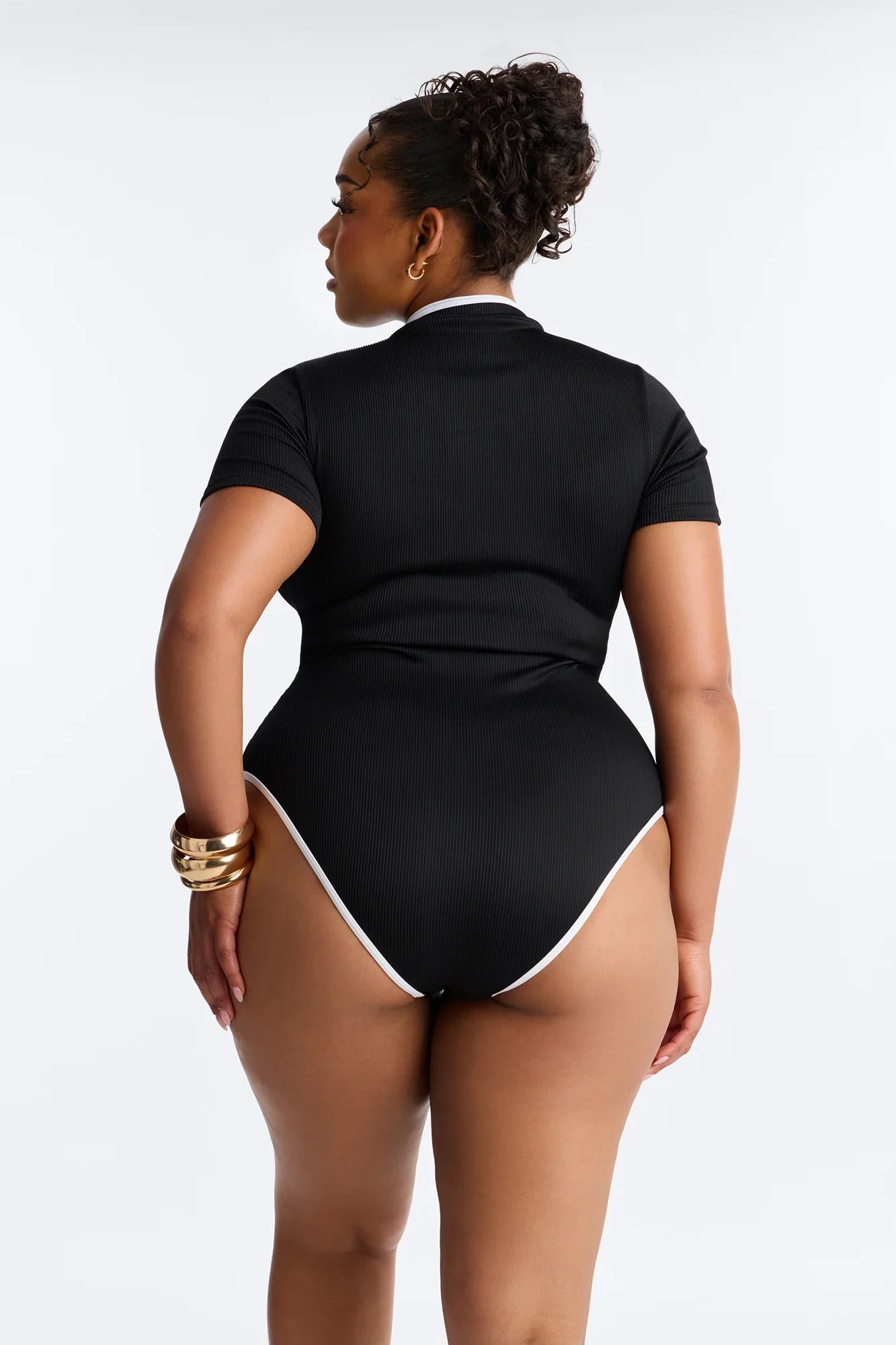 Elevated Ribbed 1 Piece Zip Up Short Sleeve Swimsuit - Black/White