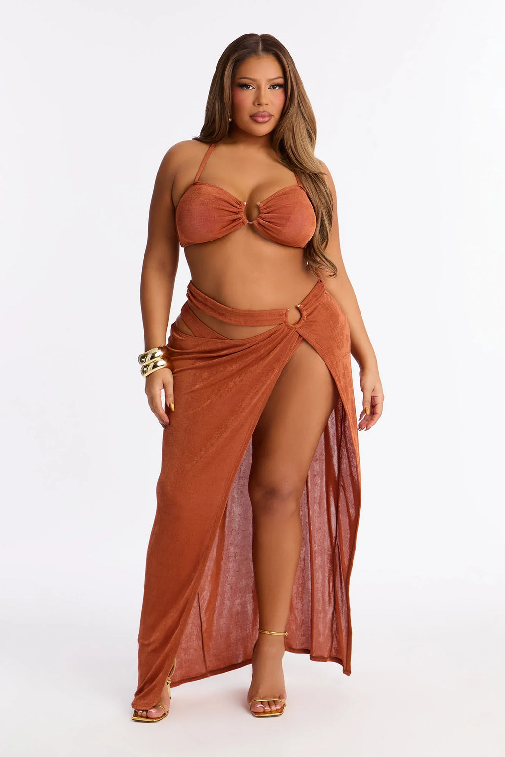 Sonia Hardware Bandeau 3 Piece Bikini Slinky Maxi Skirt Set - Rust
