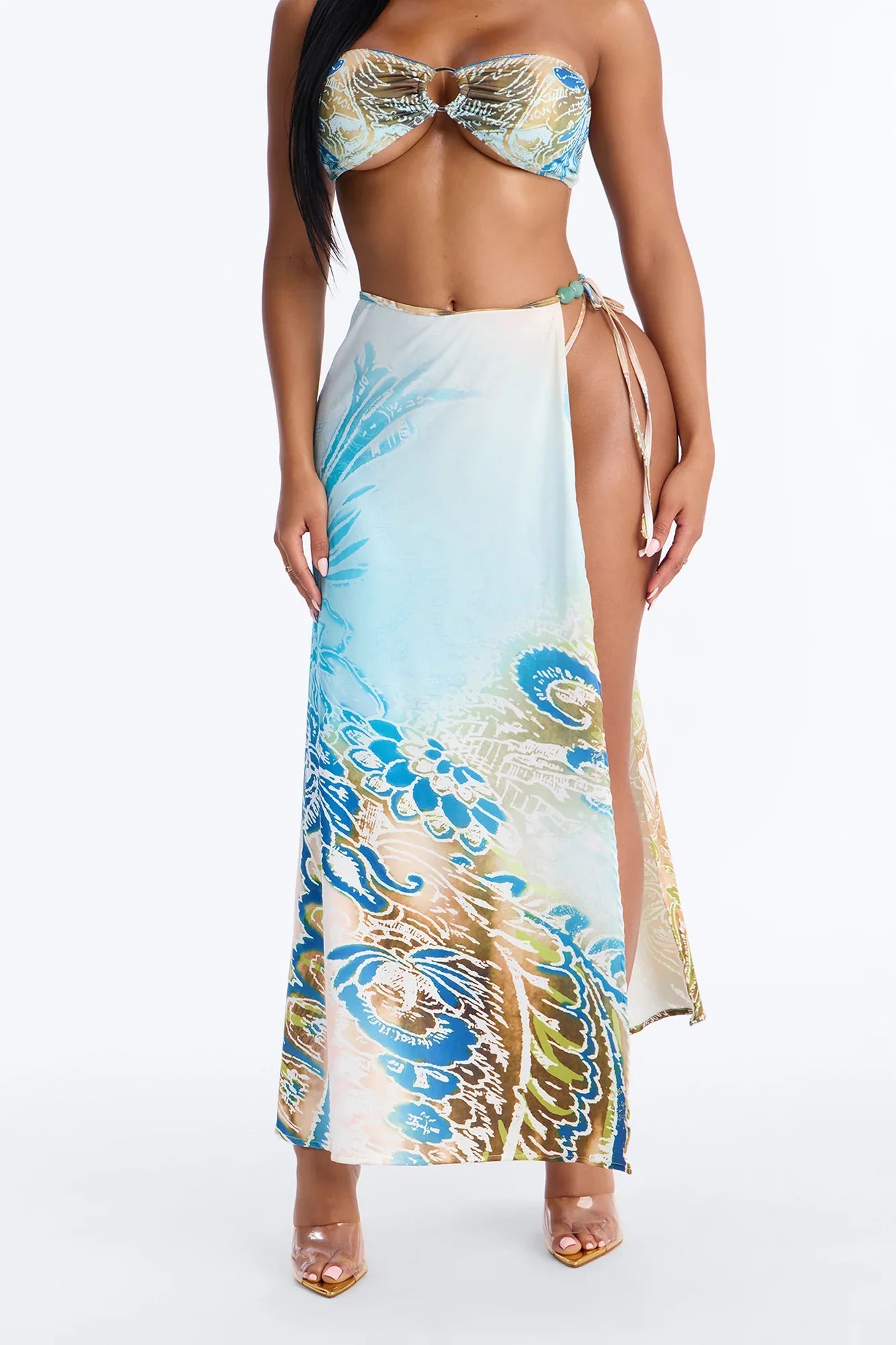 Blazing Bay 3 Piece Bandeau Bikini Skirt Set - Blue/combo