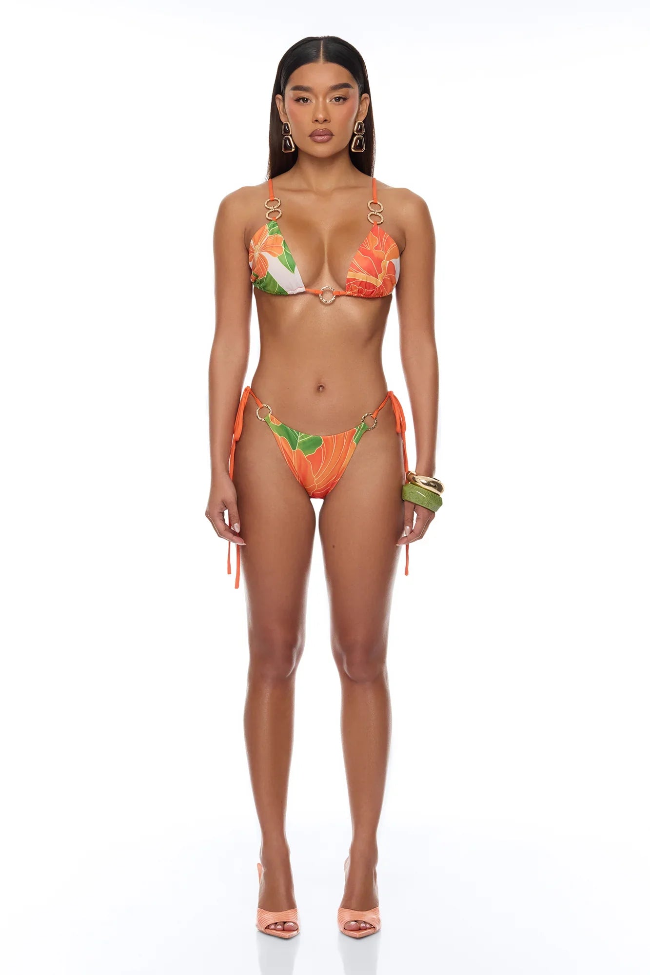 Tropic Oasis Vacation Kimono Bikini 3 Piece Set - Orange/combo