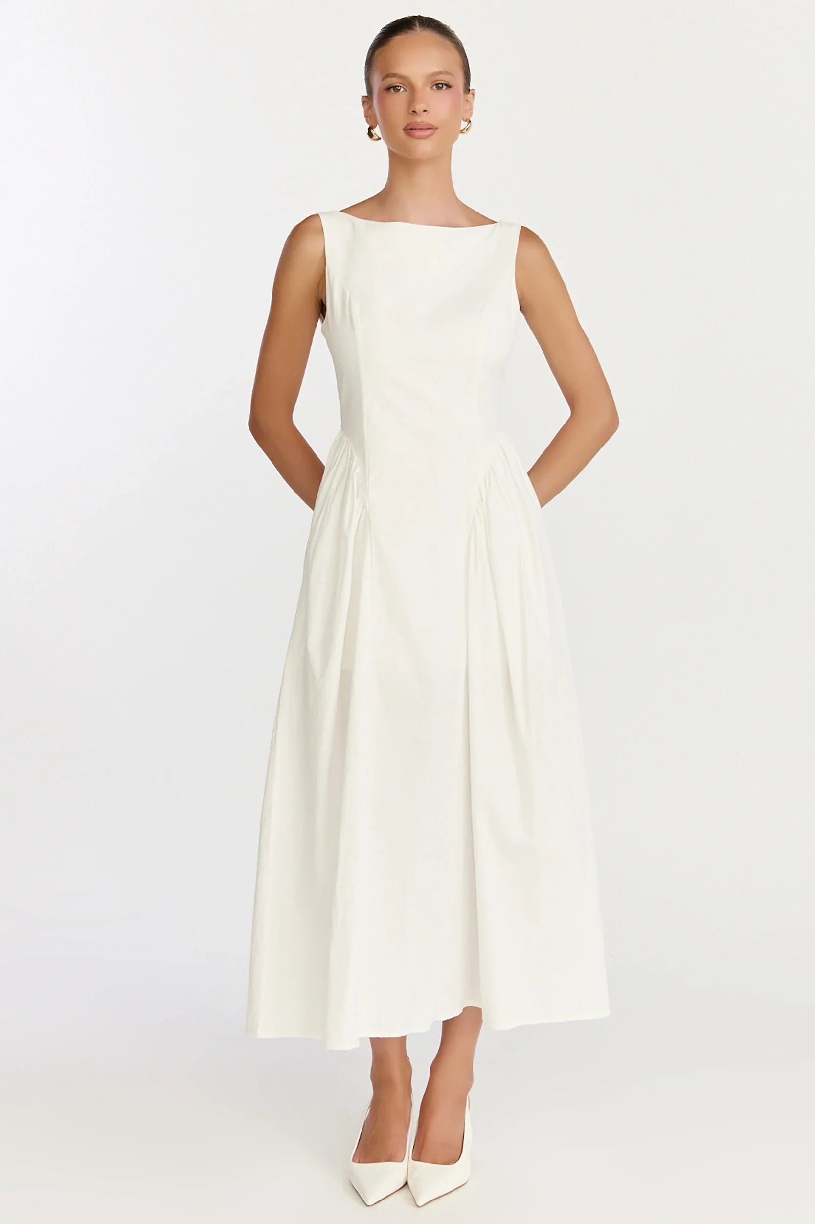 Casina Midi Dress - Boat Neck Tie Back Fit And Flare Dress in Off White