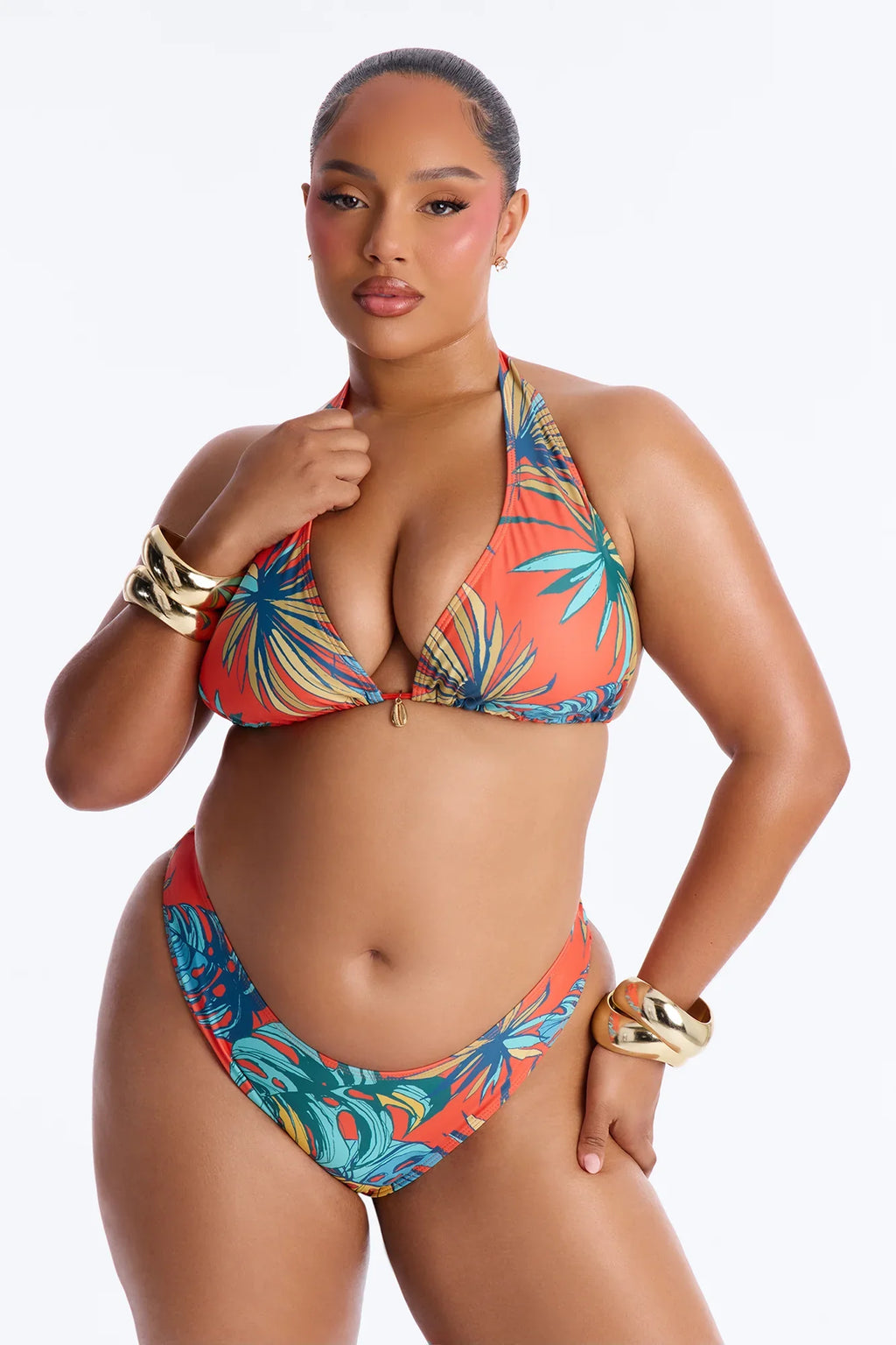 Tiki Goddess 3 Piece Triangle Bikini And Maxi Skirt Set - Orange/combo