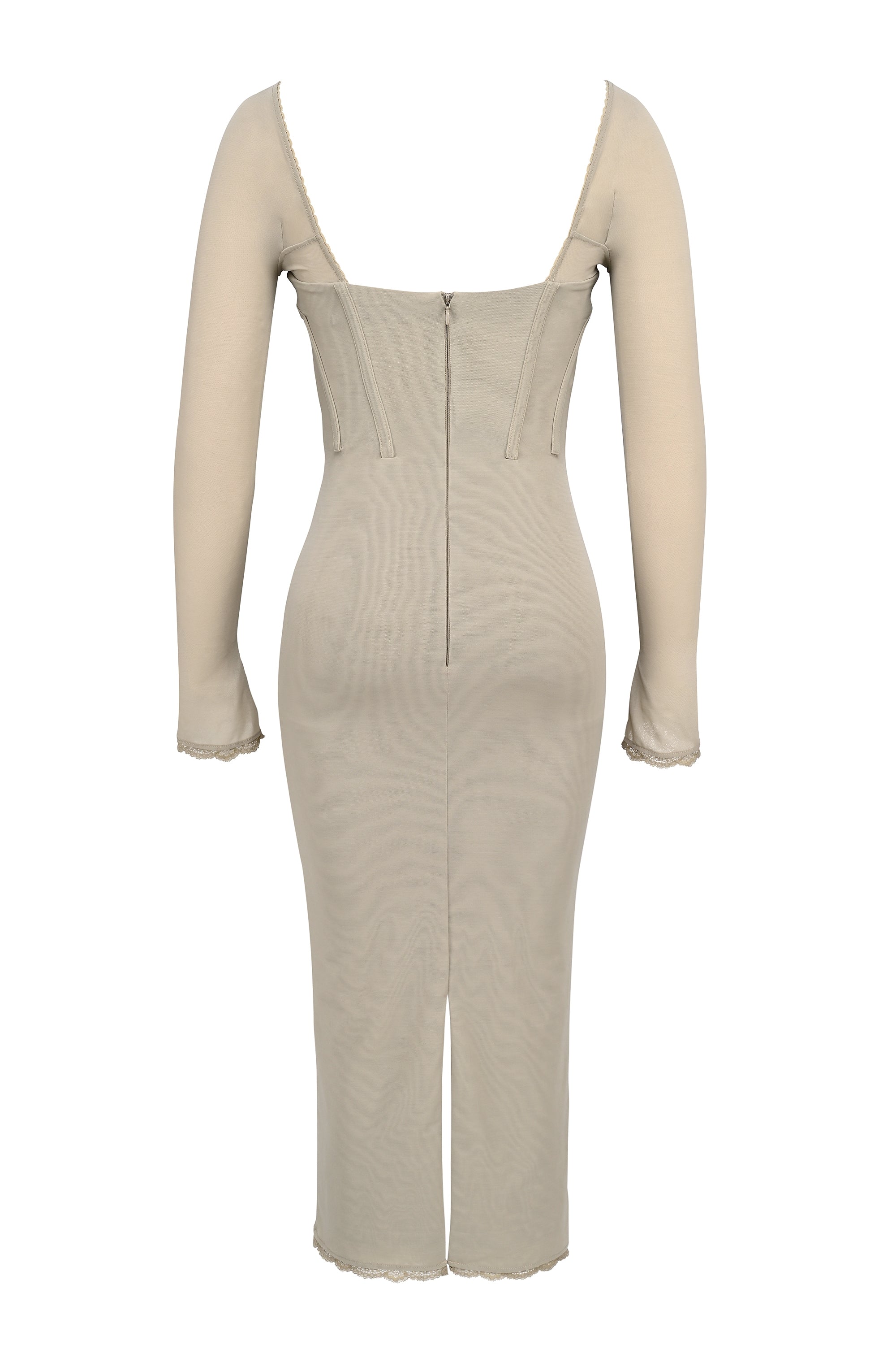 beige mesh long sleeve bodycon midi dress