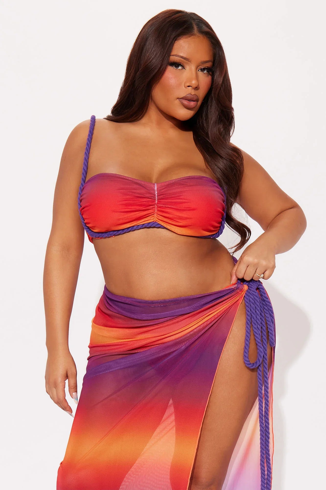Celeste Rope 3 Piece Bikini Mesh Maxi Sarong Set - Purple/combo