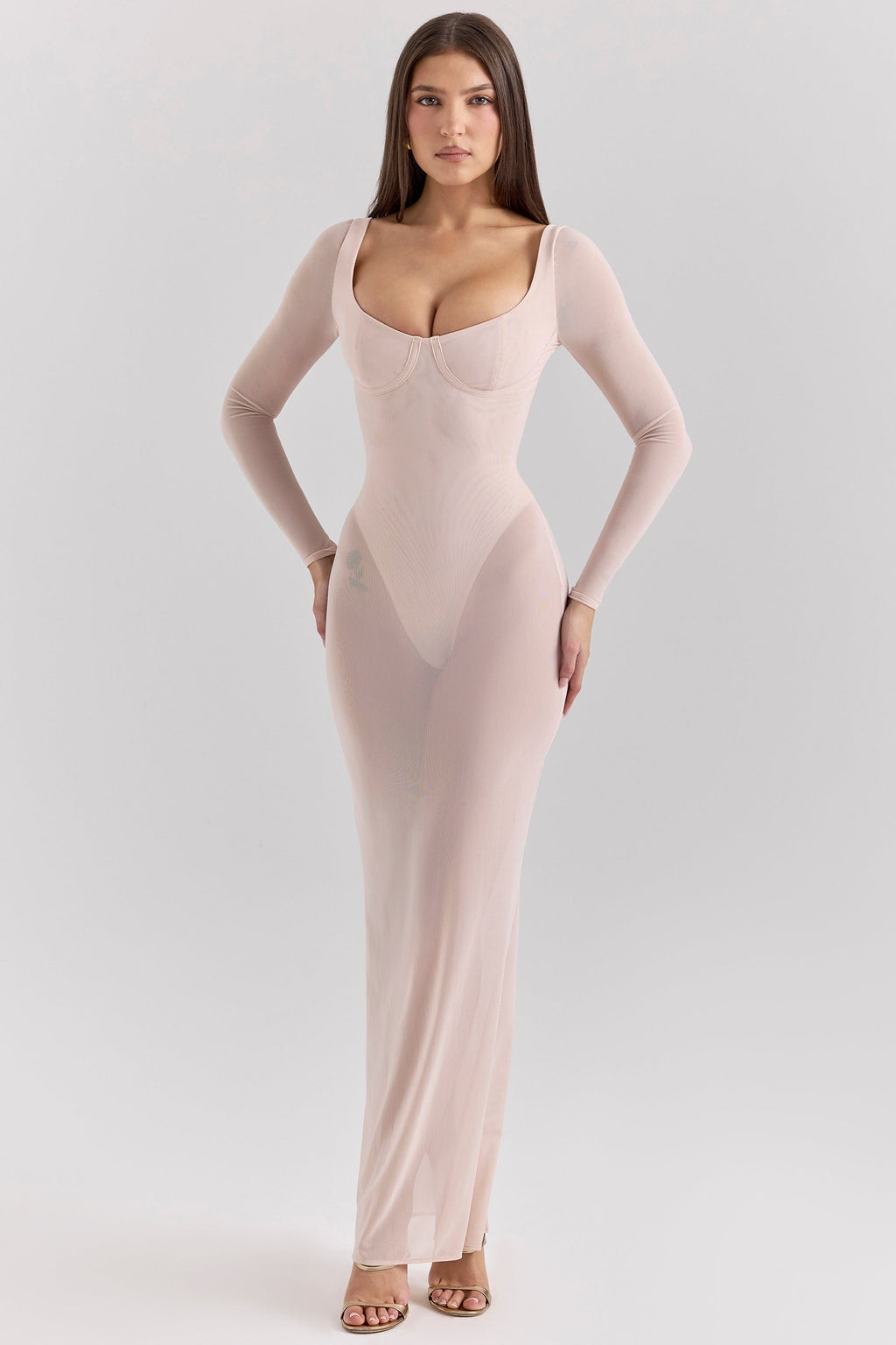 blush mesh maxi dress with bodysuit