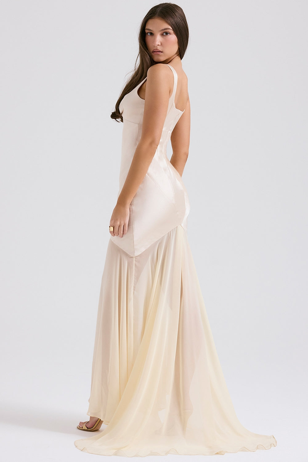champagne chiffon floor length gown
