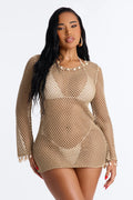 Citlally Long Sleeves Mini Swim Cover Up Dress - Taupe
