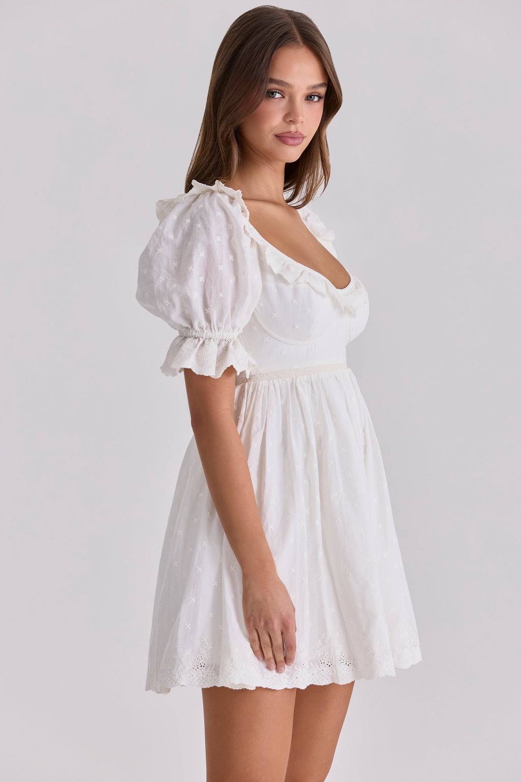 white broderie anglaise regency babydoll mini dress