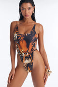 Under The Palm Trees Animal High Leg 1 Piece Swimsuit - Black/Orange
