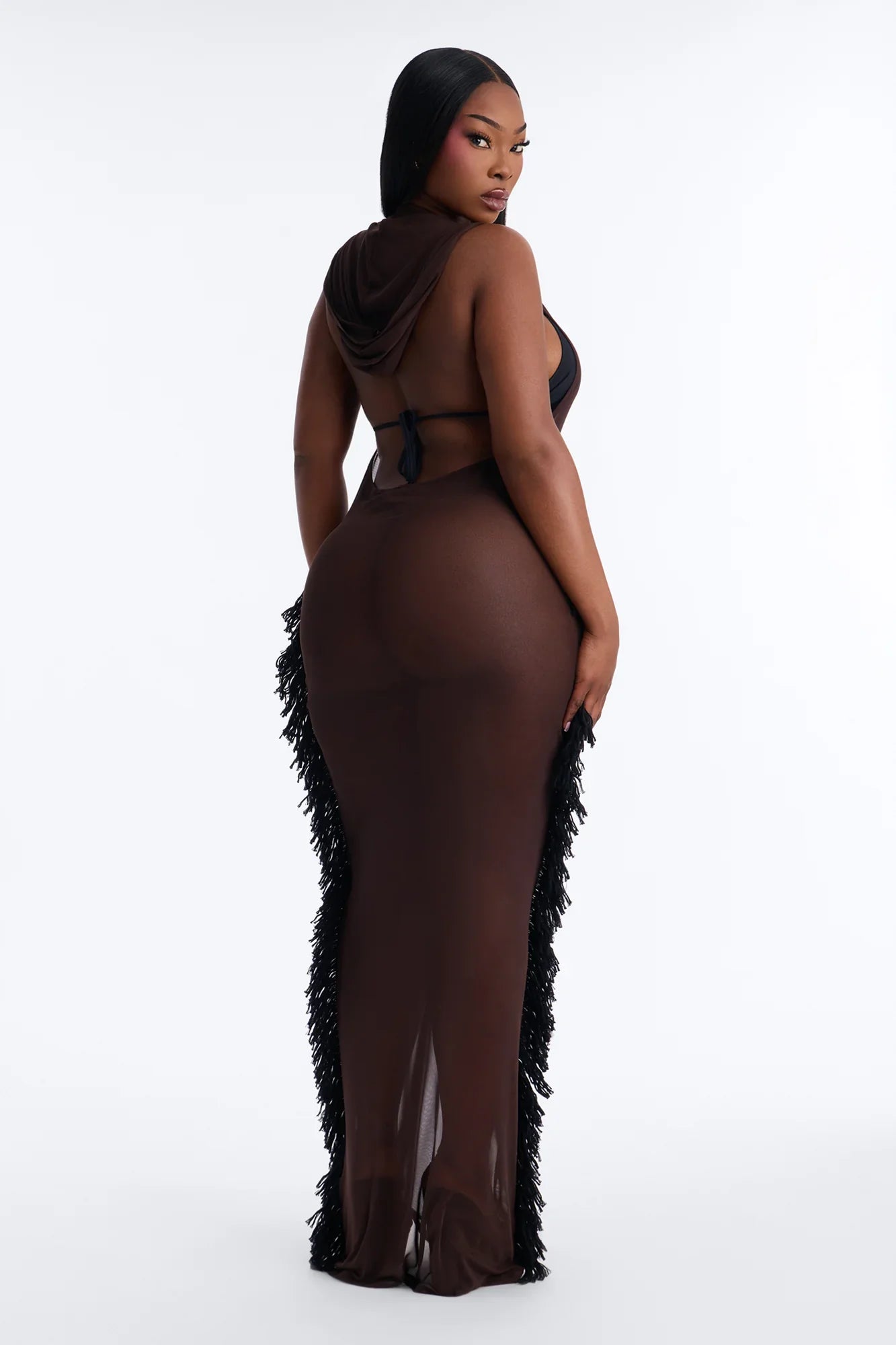 Keep Cool Fringe Hooded Mesh Cover Up Maxi Dress - Chocolate
