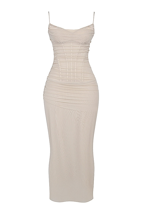 sand stretch mesh maxi dress