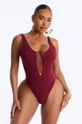 Shades On Sandy Toes Cut Out Scoop Neck 1 Piece Swimsuit - Burgundy