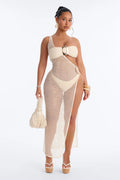 Sunsets Crochet 3 Piece Strapless Bikini & One Shoulder High Slit Cover Up Dress Sunsuit - Cream
