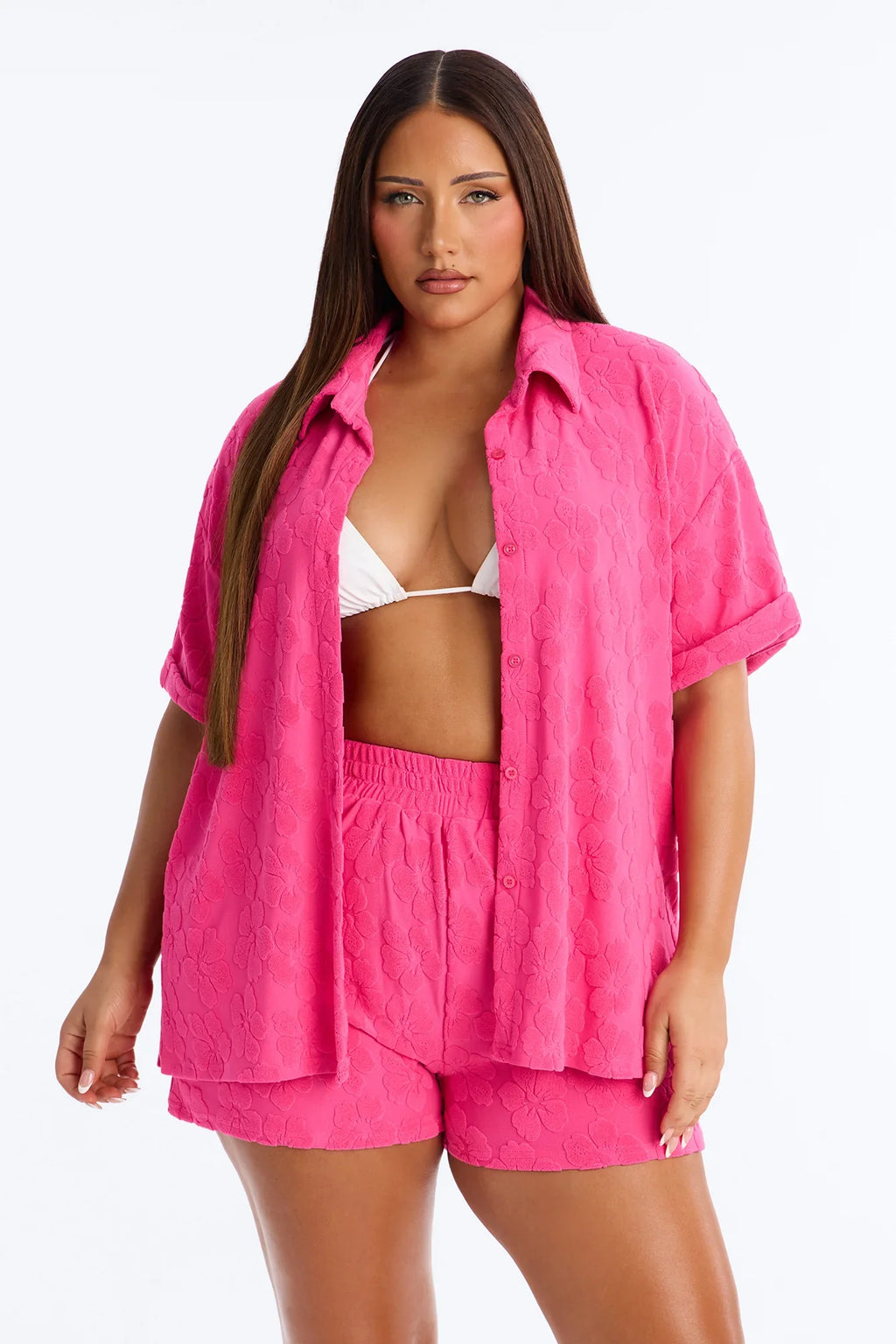 Cristal Textured Swim Cover Up Short Set - Fuchsia