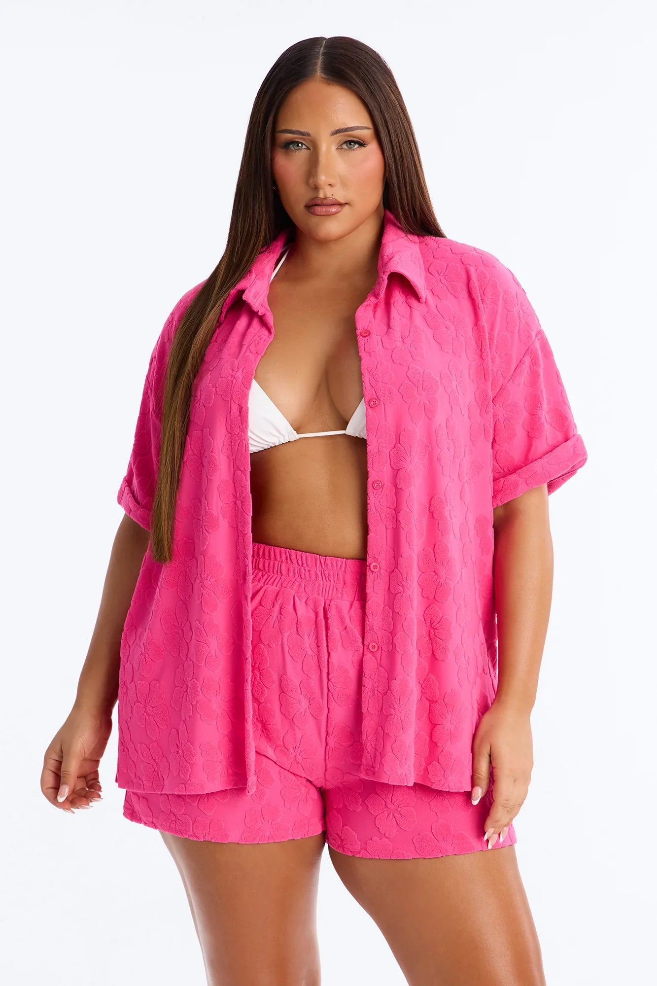 Cristal Textured Swim Cover Up Short Set - Fuchsia
