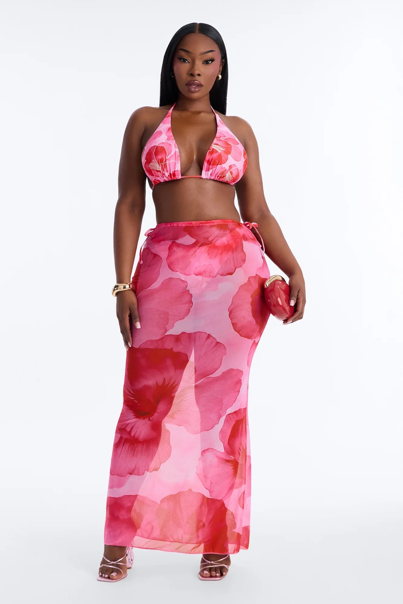 Paradise In Bloom Floral 3 Piece Bikini & Skirt Sunsuit - Pink/combo