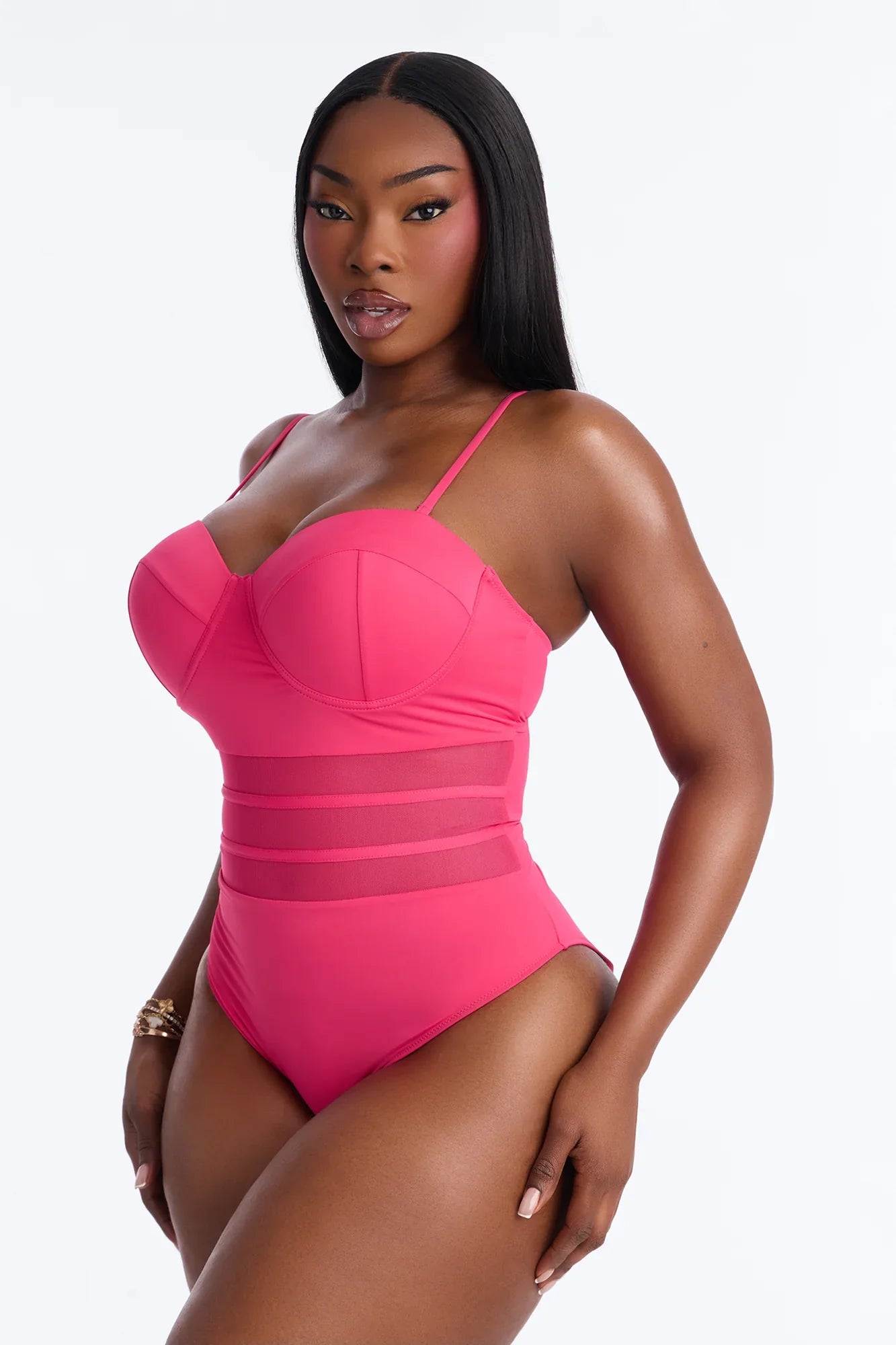 Pier Pressure Underwire Mesh Cutout 1 Piece Swimsuit - Hot Pink