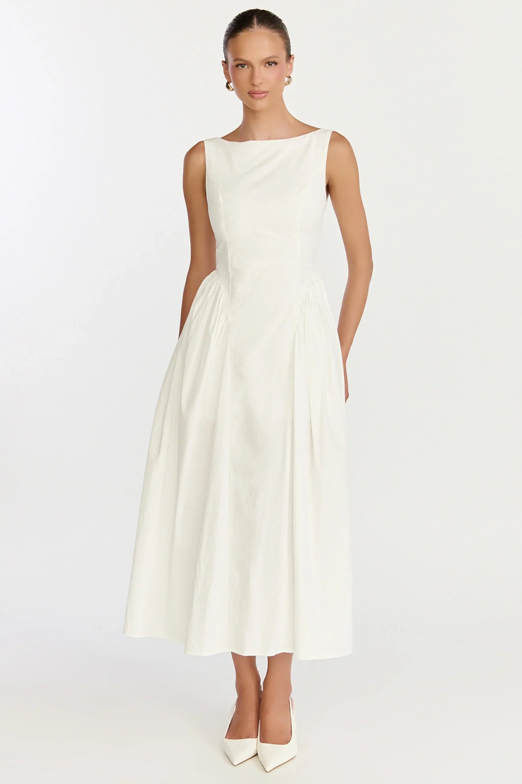 Casina Midi Dress - Boat Neck Tie Back Fit And Flare Dress in Off White