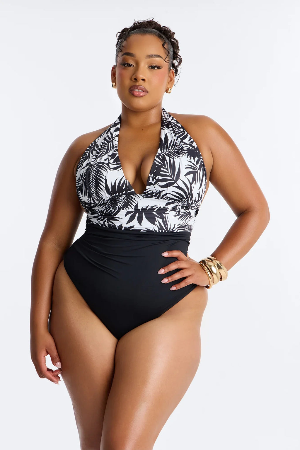 Beachy Tropical 1 Piece Halter Swimsuit - Black/White