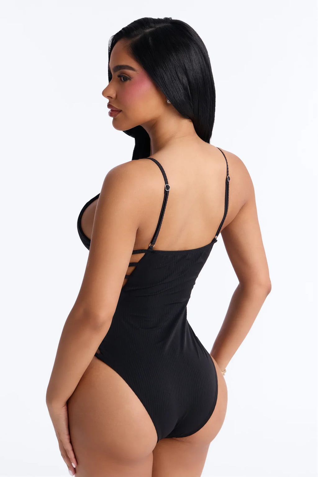 Quick Dip Side Cut Out Strappy Ribbed 1 Piece Swimsuit - Black