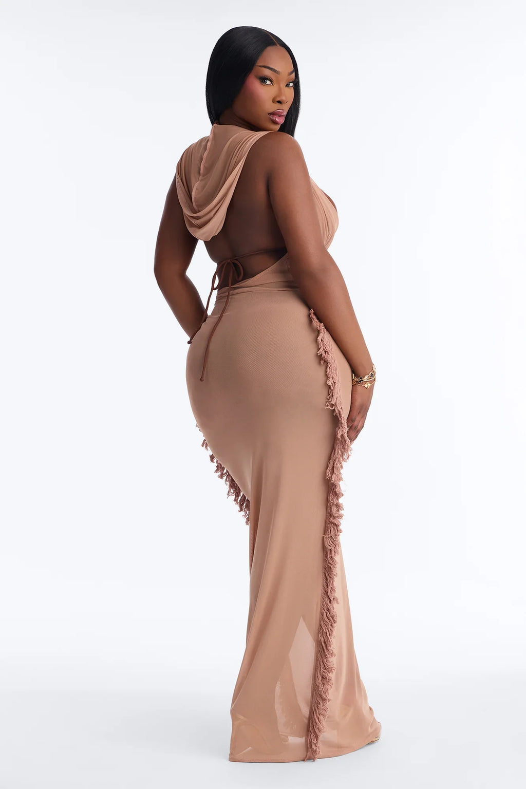 Keep Cool Fringe Hooded Mesh Cover Up Maxi Dress - Mocha