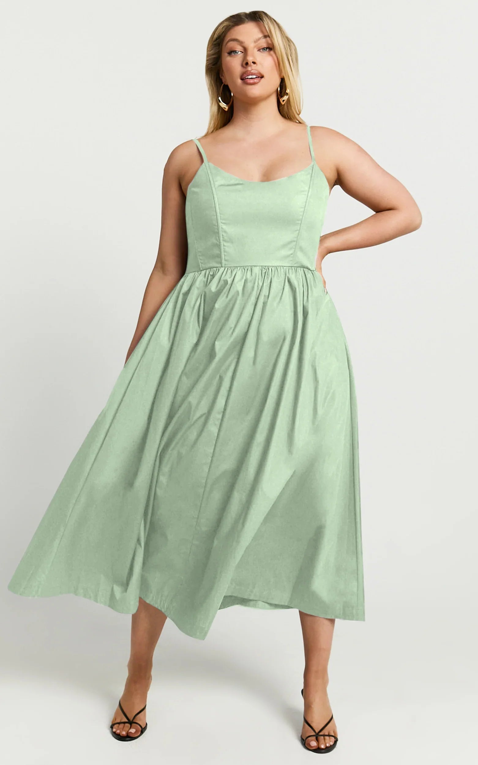 Braelyn Midi Dress - Scoop Neck Flare Dress in Sage