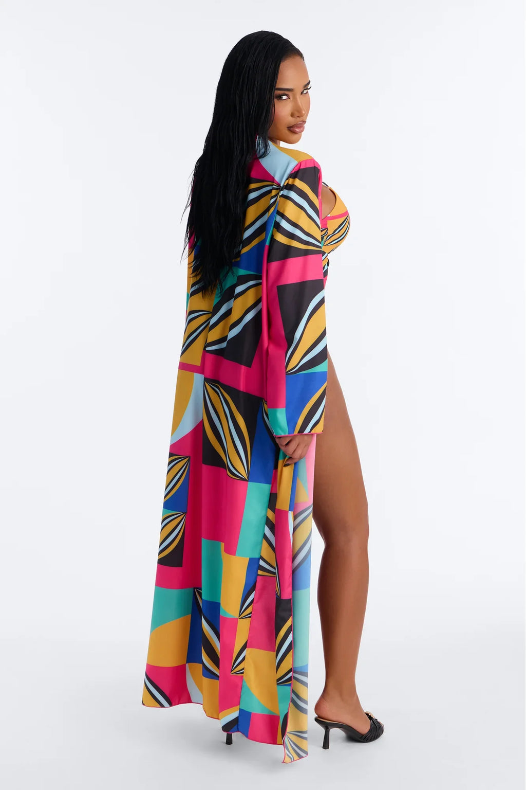 Leila Abstract Cut Out 1 Piece Swimsuit With Swim Cover Up Kimono - Multi Color