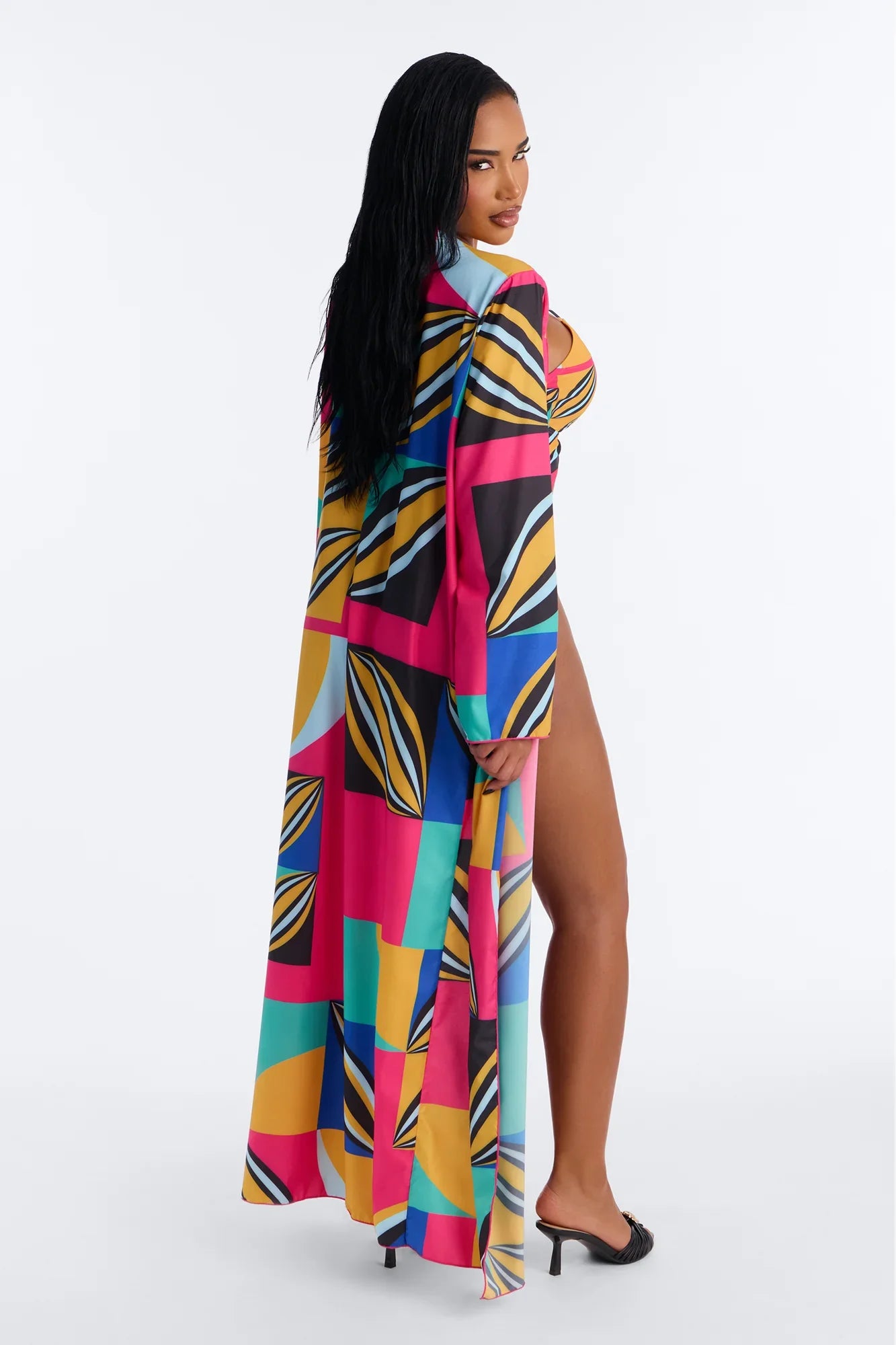 Leila Abstract Cut Out 1 Piece Swimsuit With Swim Cover Up Kimono - Multi Color