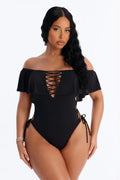 Take One Shoulder Ruffle Sleeve Lace Down Ribbed 1 Piece Swimsuit - Black