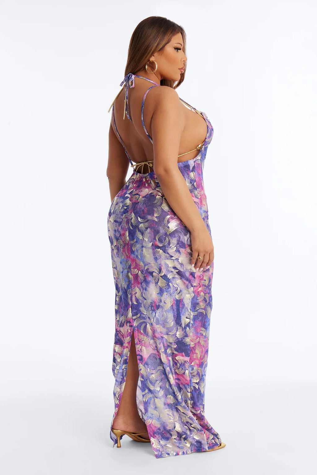 Island Goddess Gemstones Beaded Chains Mesh Cover Up Maxi Dress - Purple/combo