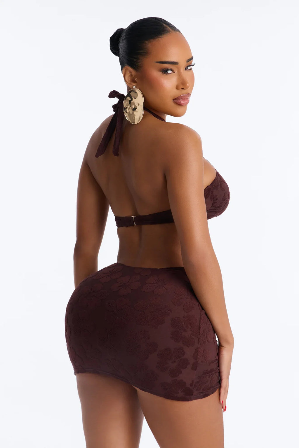 Coconut Drip Textured Hibiscus 3 Piece Bikini Skirt Set - Brown