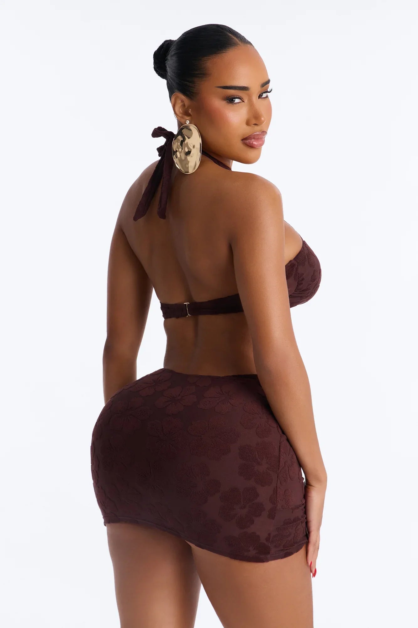 Coconut Drip Textured Hibiscus 3 Piece Bikini Skirt Set - Brown