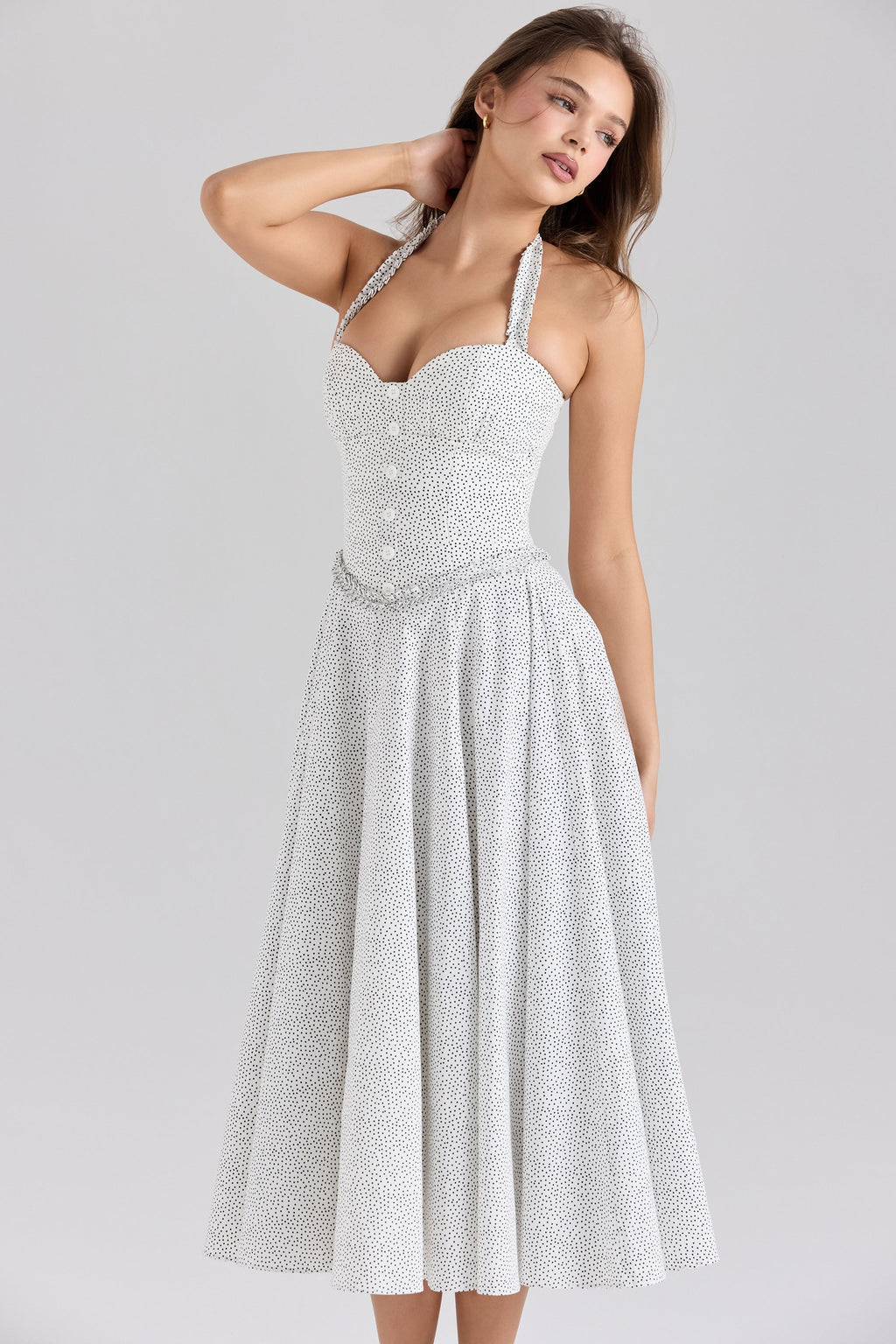 cotton halter neck polka dot print midi dress