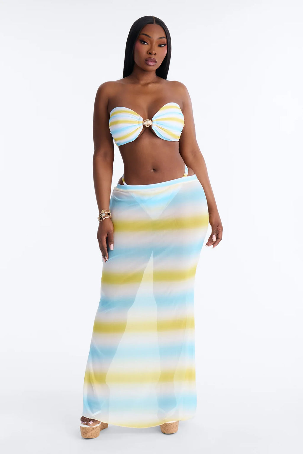 Heats Waves Ombre Hardware 3 Piece Bikini Skirt Set - Yellow/combo