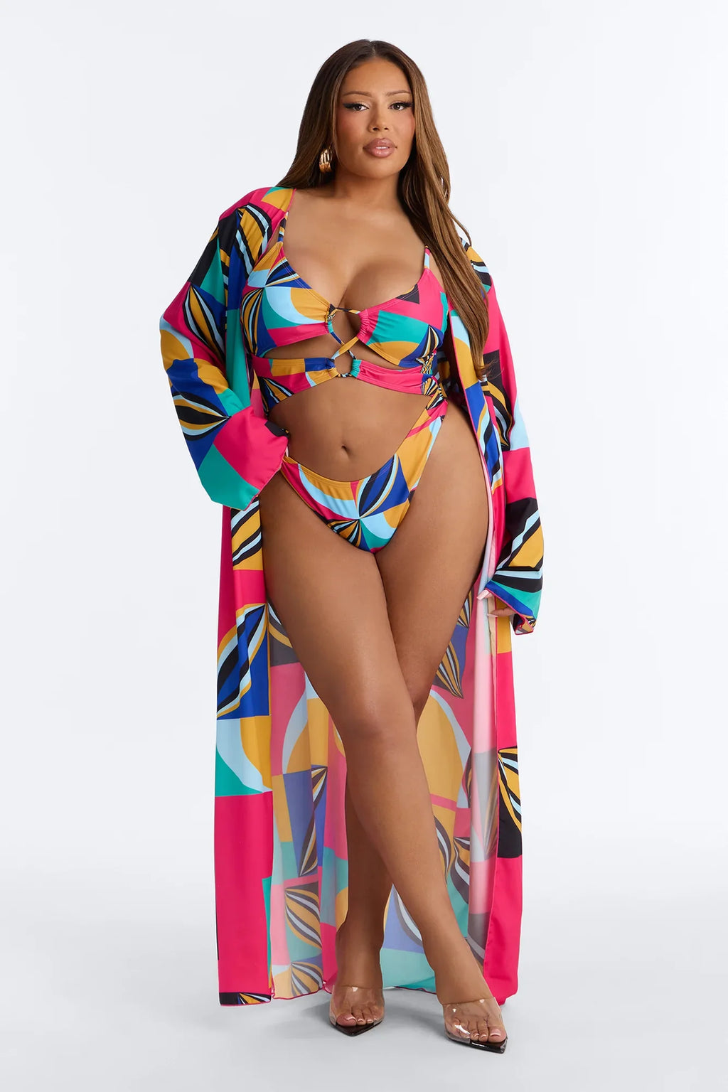Leila Abstract Cut Out 1 Piece Swimsuit With Swim Cover Up Kimono - Multi Color