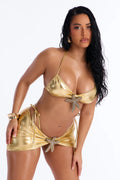 Gaia 3 Piece Metallic Bandeau Bikini & Skirt Set - Gold