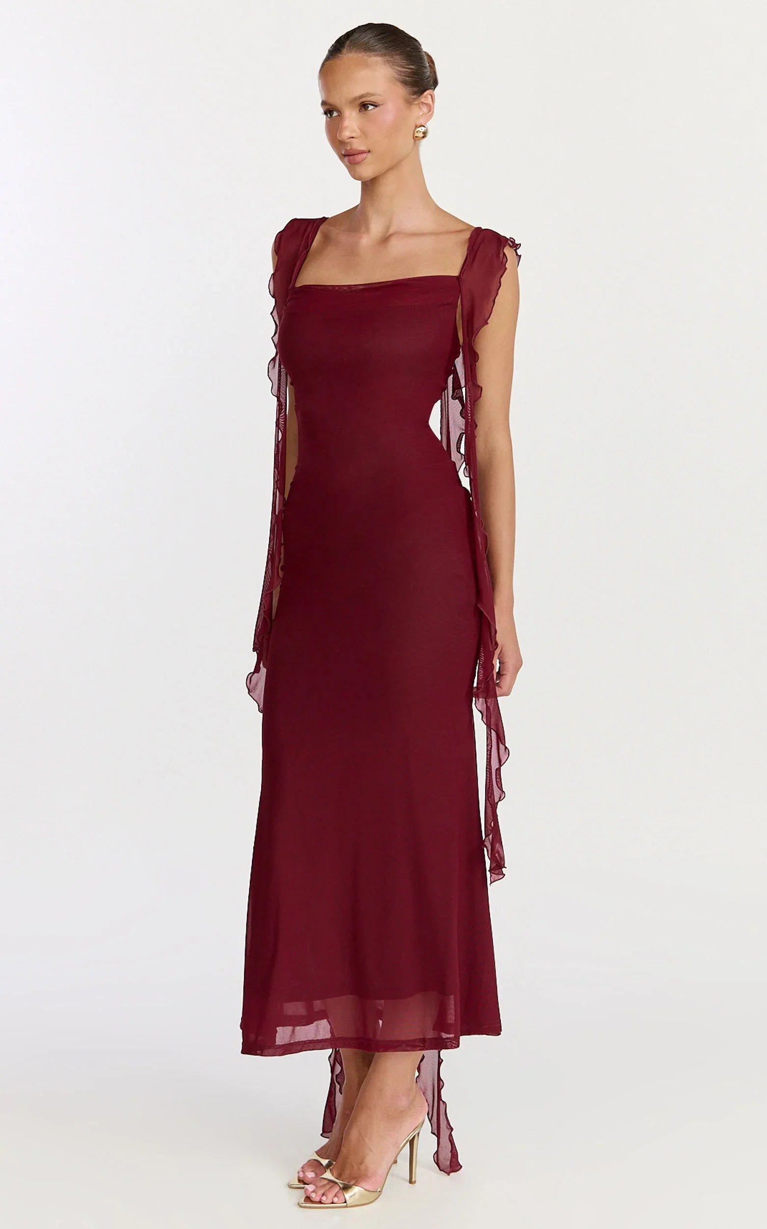 Rosha Midi Dress - Ruffle Strap Dress in Wine