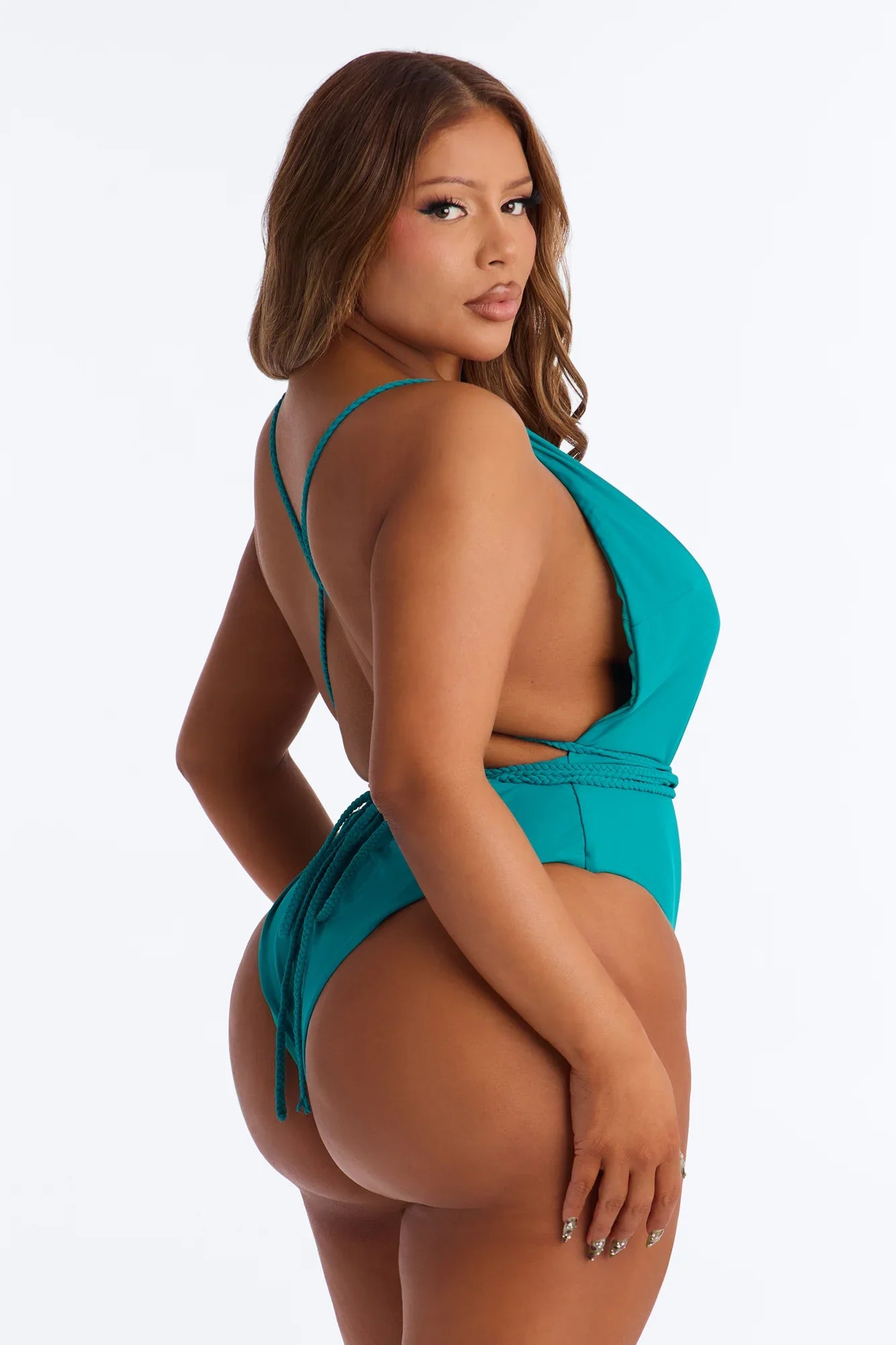 Hampton Heat 1 Piece Plunge Swimsuit & Cover Up Mesh Skirt Set - Teal