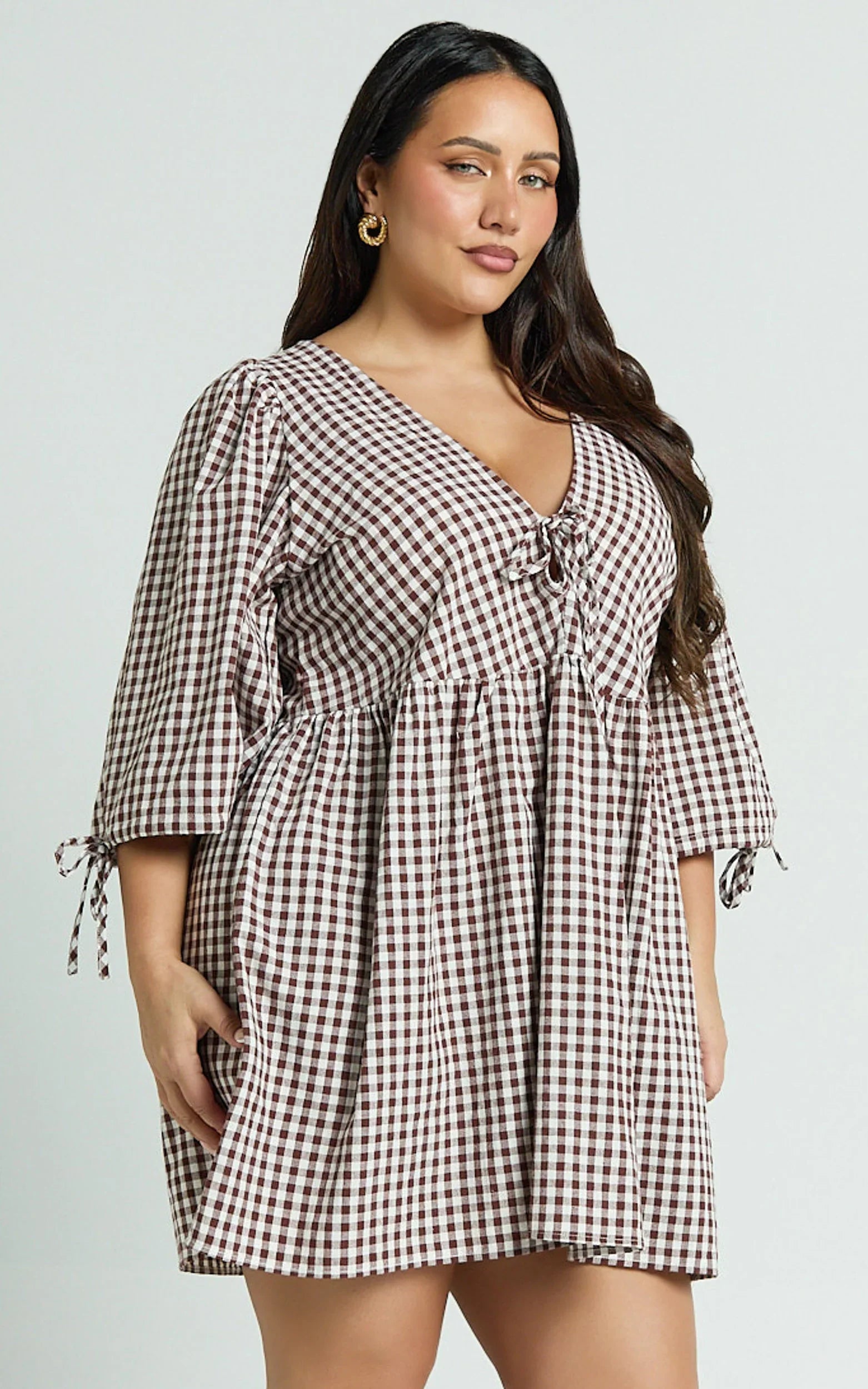 Rosita Mini Dress - Tie Front Puff Sleeve Dress in Brown and White Check