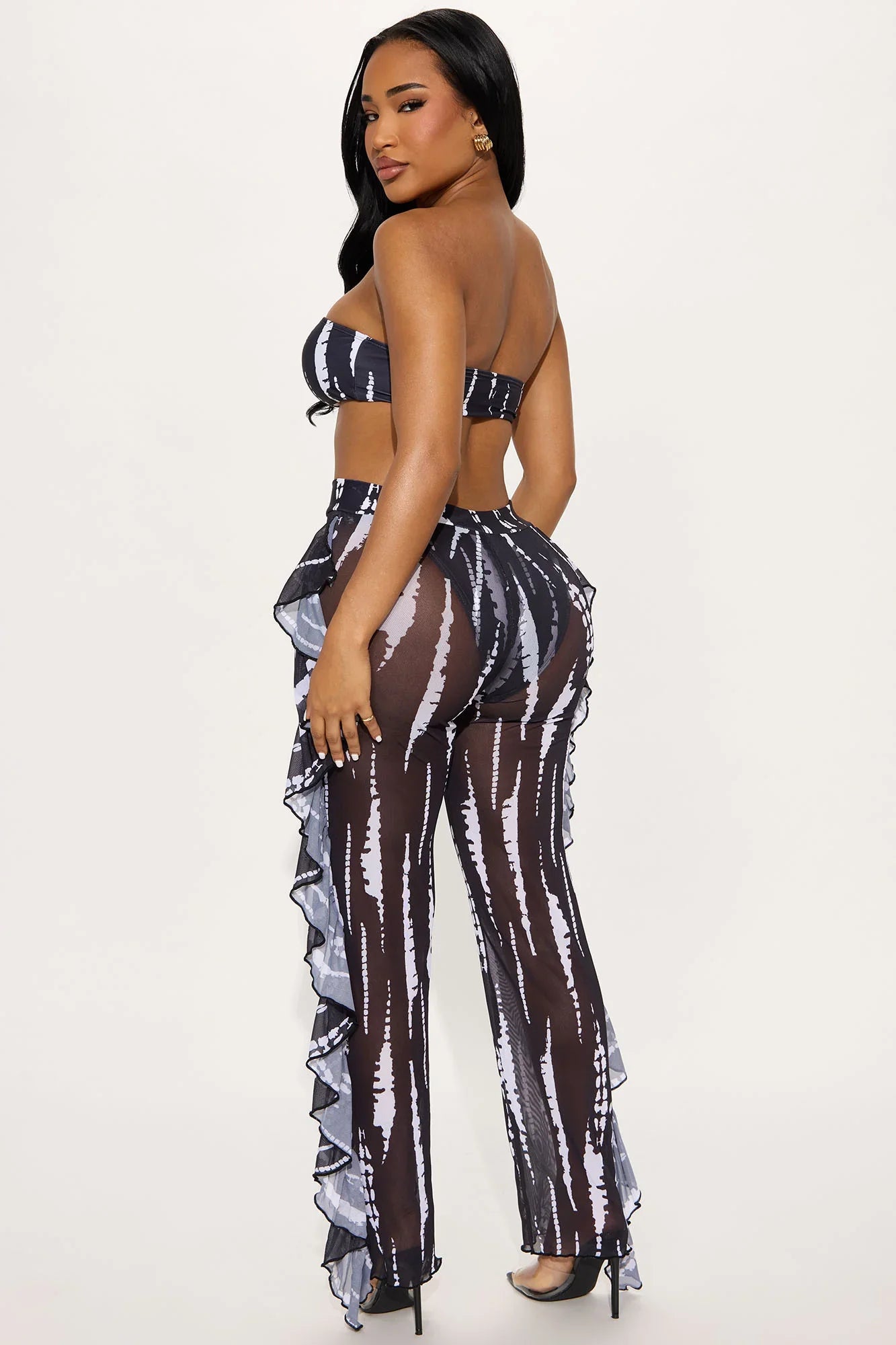 Aubriella Bandeau Ruffle Pants 3 Piece Bikini Set - Black/White