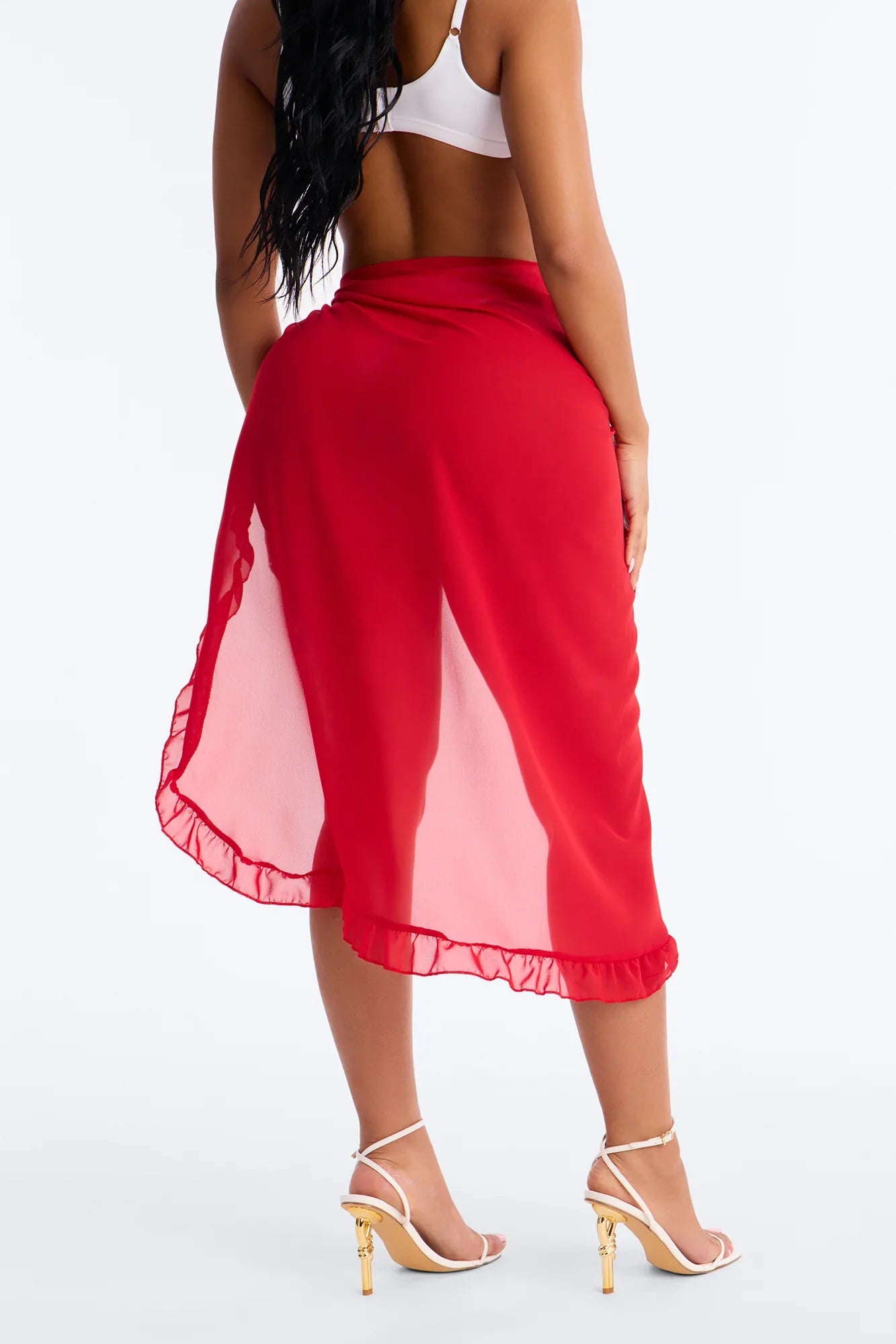 Beach Vibes Maxi Ruffle Trim Waist Tie Swim Cover Up Sarong - Red
