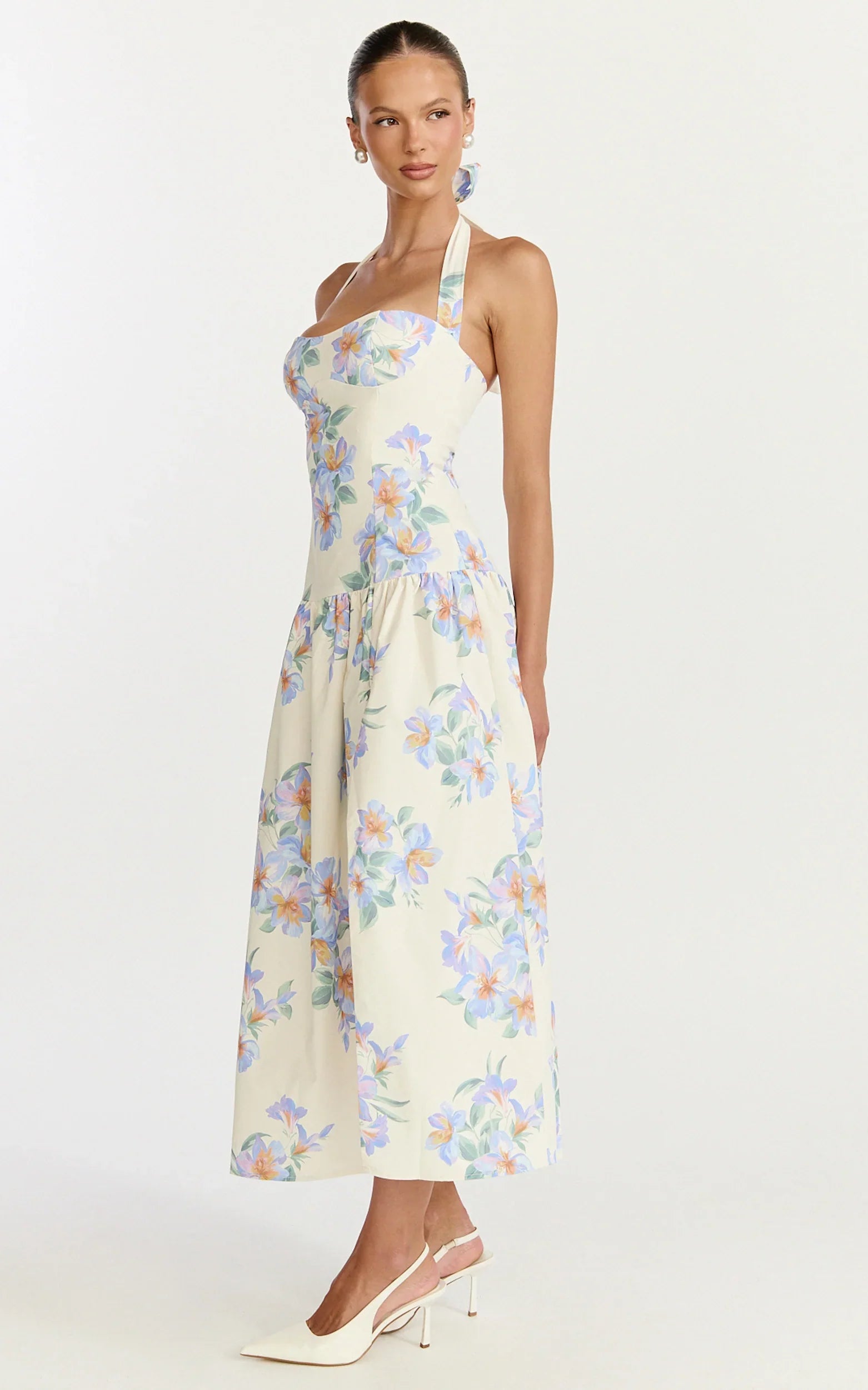 Astra Midi Dress - Halter Neck Drop Waist Dress in Astra Posey Floral Print