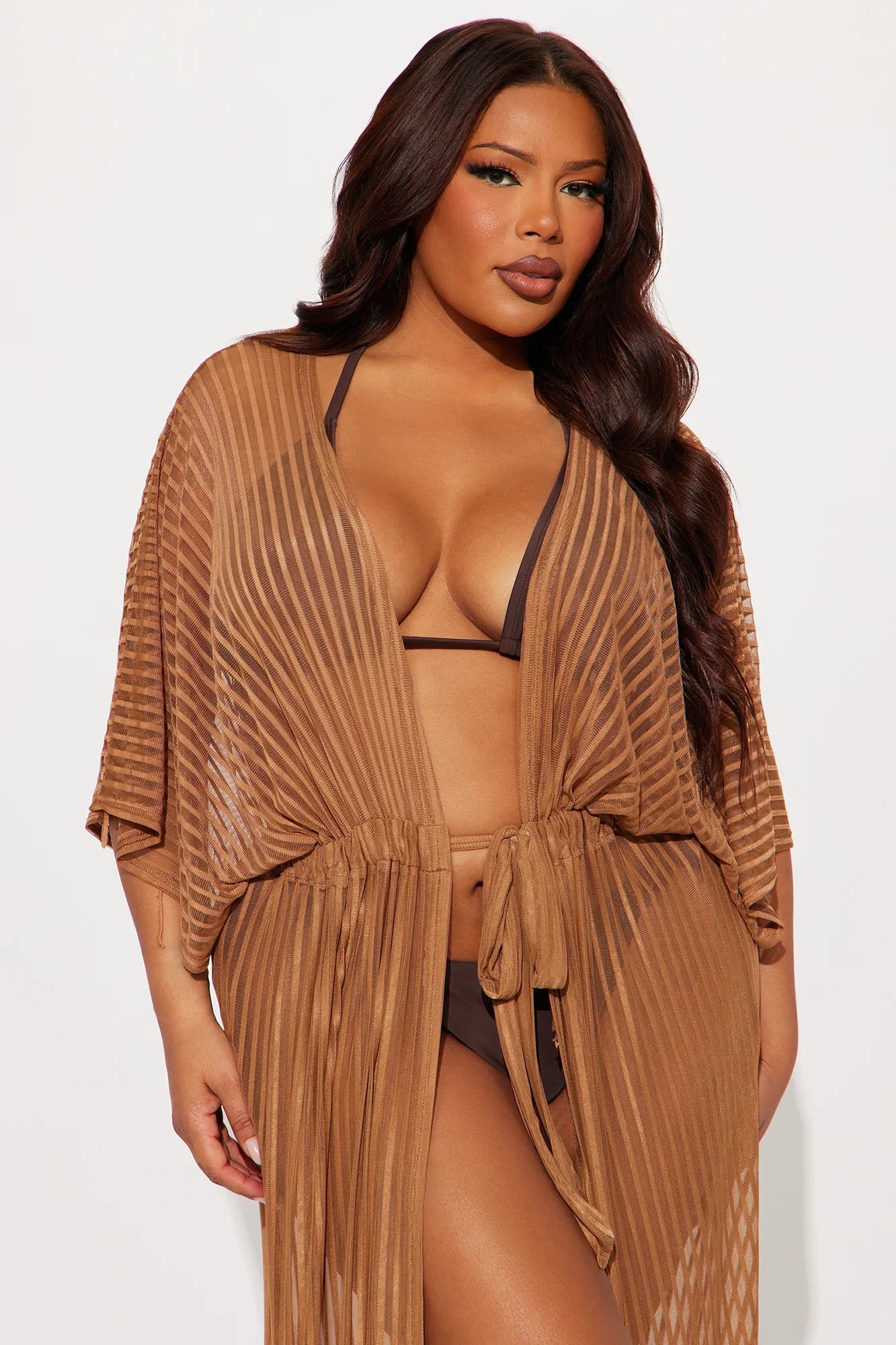 Beach Shade Stripe Cover Up Maxi Kimono - Mocha