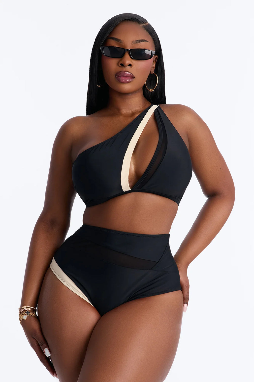 Marie One Shoulder Contrast 2 Piece Bikini - Black/White
