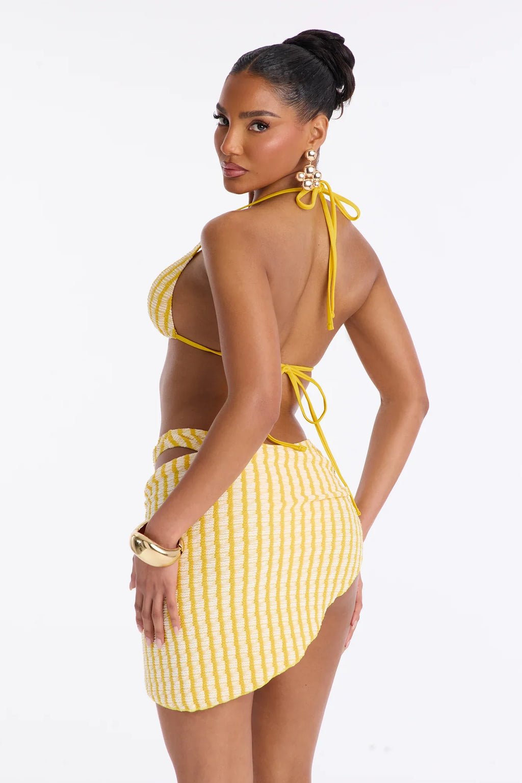 Ruby Textured Pinstripe O-Ring 3 Piece Bikini Sarong Set - Yellow/combo