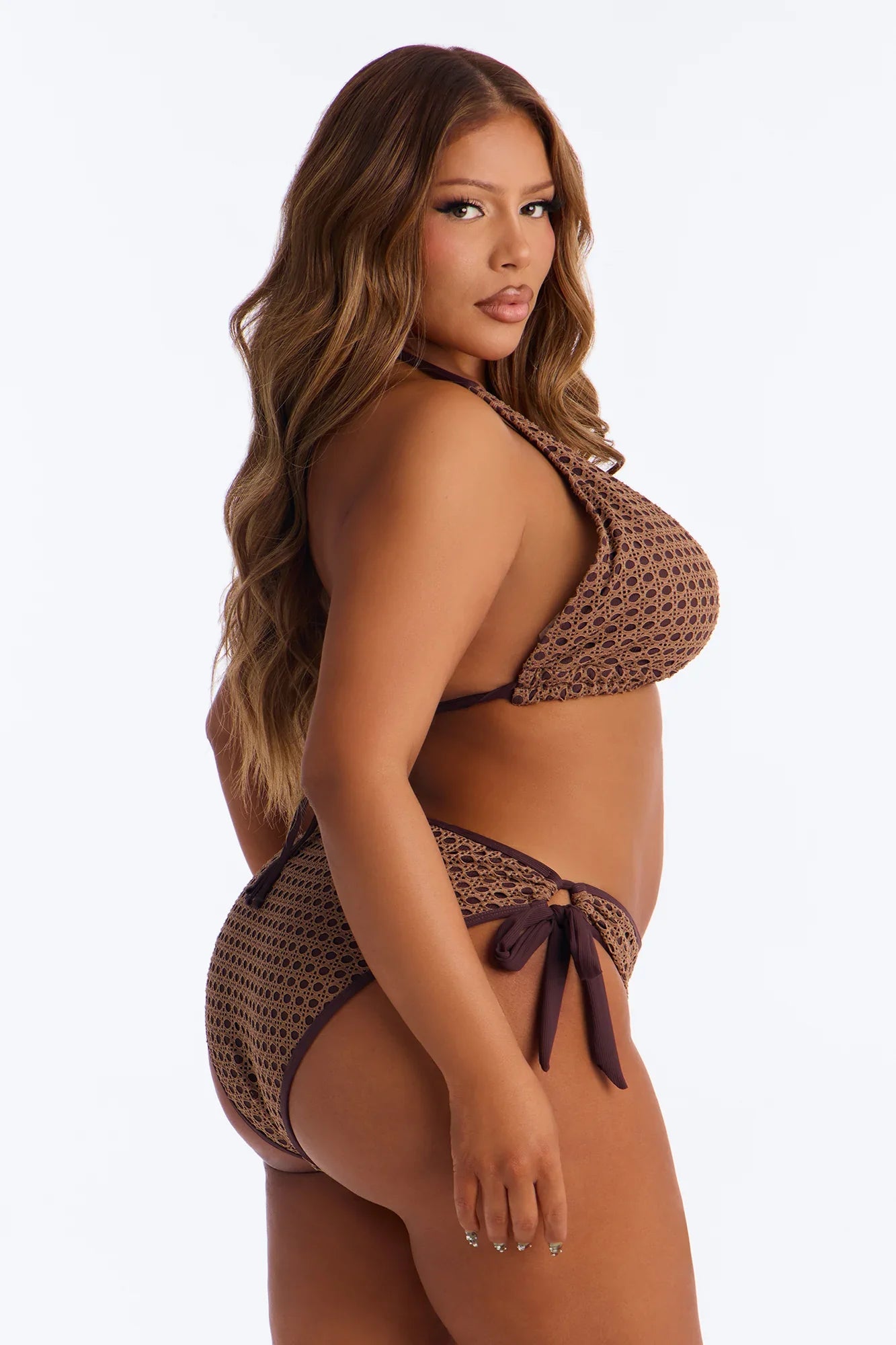 Running By The Shore Ribbed Charm Trim Side Lace Up 2 Piece Bikini - Brown
