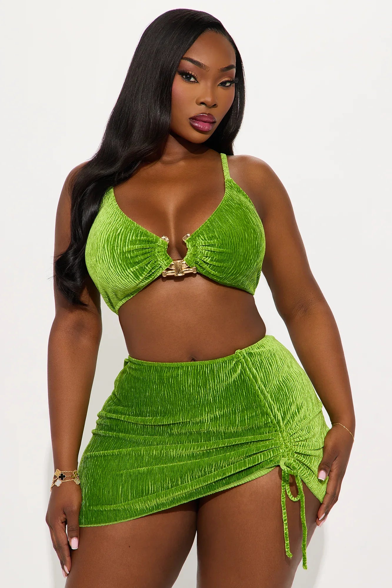 Farrah Hardware Velvet 3 Piece Bikini Ruched Skirt Set - Green